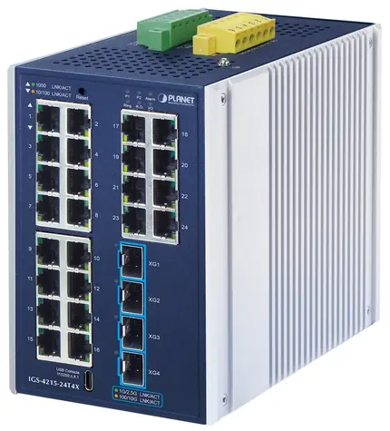 Planet IGS-4215-24T4X / Switch průmyslový / 24x 1Gb RJ-45 / 4x 10Gb SFP+ / IP30 / -40 až 75 °C / fanless
