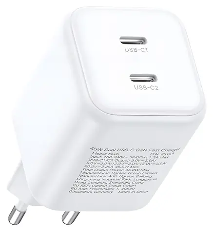 Ugreen X526 bílá / Nabíječka / GaN / 2x USB-C / 45W