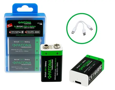 Patona 9V / Nabíjecí baterie / 6F22/LR22 / Li-ion 400 mAh / USB-C nabíjení / 2 ks