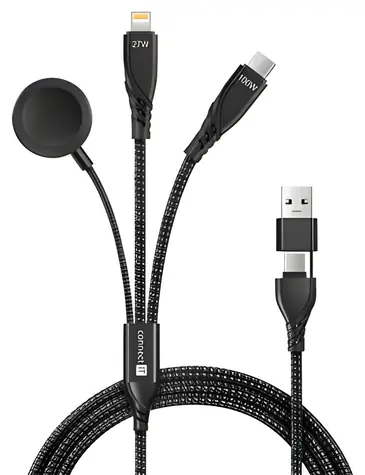 Connect IT Wirez 6in1 černá / Nabíjecí a datový kabel / USB-C / Lightning / pro hodinky / 1,25 m / 100 W