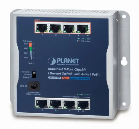 PLANET Průmyslový PoE switch / Switch průmyslový / 8x 1Gb RJ45 / 4x PoE 30/60W / 48-56V / IP30 / -20/60 °C