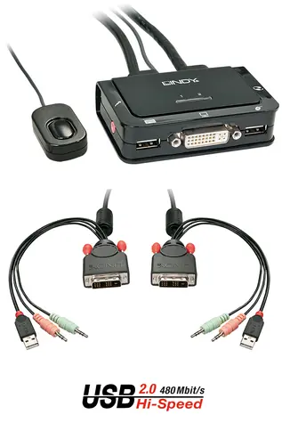 Lindy 2 Port černá / KVM přepínač / DVI-D Single Link / USB 2.0 / Audio / 1920 x 1200