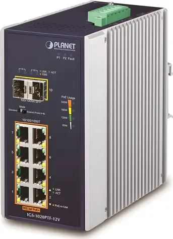 Planet Switch průmyslový 8-Port PoE+ / Switch / 8x Gigabit PoE+ 802.3at / 2x SFP / DIN lišta / IP30 / -40 až 75 °C