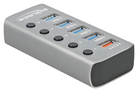 DeLock 63262 / USB hub / 4× USB-A + 1× rychlonabíjecí port / USB 3.2 Gen 1 / kovový