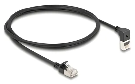 DeLock černá / Síťový kabel / Cat.6A S/FTP / Slim / RJ45 rovný - RJ45 úhlový 90° / 1 m