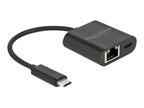 DeLock USB-C adaptér Gigabit LAN černá / Adaptér / 10/100/1000 Mbps / USB PD 60W