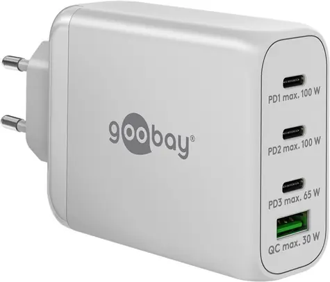 Goobay 65556 bílá / GaN nabíječka / 100 W / 3x USB-C PD + 1x USB-A QC