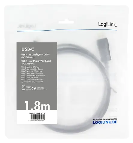 LogiLink USB-C - DisplayPort 1.8 m černá / Redukce / 4K / 60 Hz