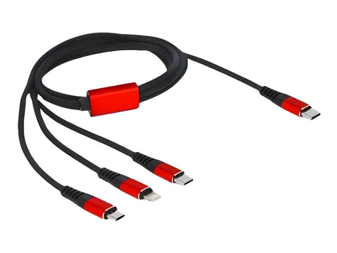 DeLock USB-C - Micro-USB + USB-C + Lightning černá/červená / Napájecí kabel / 3v1 / 1 m / opletený / 3 A