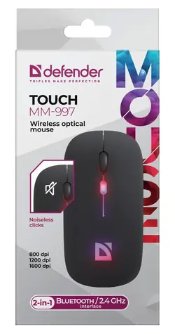 Defender Touch MM-997 černá / Bezdrátová optická myš / Bluetooth / 2.4 GHz / 1600 DPI / 4 tlačítka