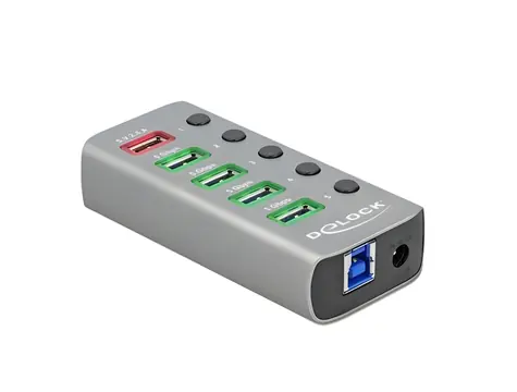 DeLock 63263 šedá / USB hub / 5× USB-A + USB-C / USB 3.2 Gen 1, 5 Gb/s / kovový