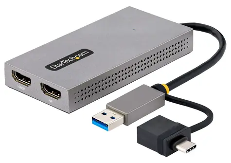StarTech adaptér USB-A/C na 2x HDMI šedá / Adaptér / 1x 4K 30Hz / 1x 1080p 60Hz / USB-A a USB-C