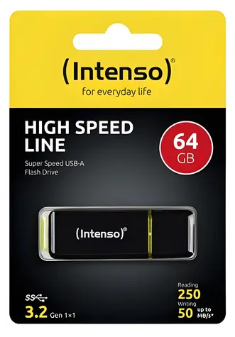 Intenso High Speed Line 64GB černá/žlutá / Flash disk / USB-A 3.2 Gen 1 / čtení: 250 MB/s / zápis: 50 MB/s