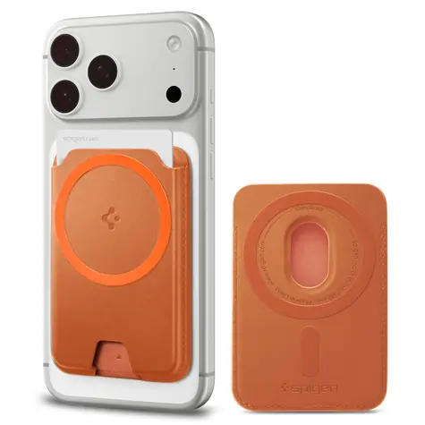 Spigen Valentinus MagFit+ metalická oranžová / Držák na karty / MagSafe / 3 karty / PU kůže