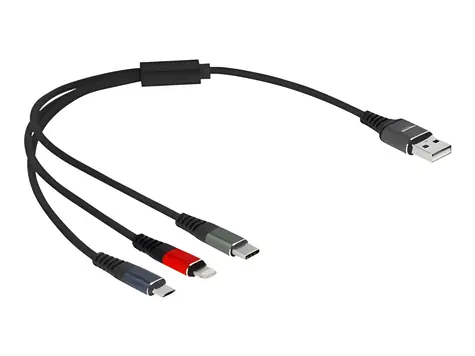 DeLock USB-A 3v1 Lightning, Micro-USB a USB-C vícebarevný / Nabíjecí kabel / 0,3 m / 3 A / textilní opletení