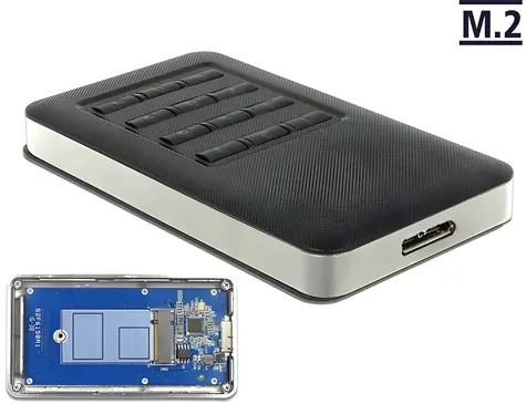 Delock šedá/černá / Externí box pro M.2 SSD / Key B 2242/2230 / USB 3.0 Micro-B / AES-256 šifrování