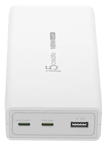j5create GaN 185W bílá / Nabíječka / USB-C PD 3.1 / 2x USB-C + 1x USB-A / 5 A