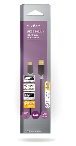 Nedis USB-A - USB-C 60W antracitová / Kabel USB / USB 2.0 / 480 Mbps / Pozlacené konektory / 1 m