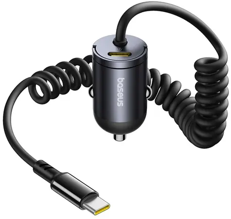 Baseus USB-C 30W černá / Autonabíječka / vestavěný spirálový kabel