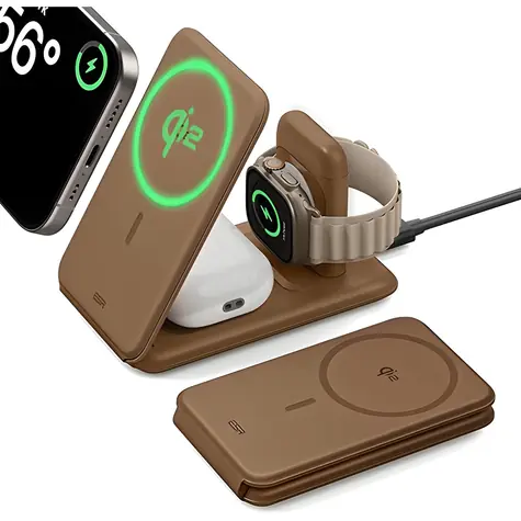 ESR Travel 3v1 hnědá / Skládací cestovní nabíječka / Qi2 / pro telefon, hodinky a sluchátka