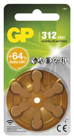 GP ZA312 (7002ZD, PR41) 6 ks / Baterie do naslouchadel / 1,45V / 170 mAh / ZnAir