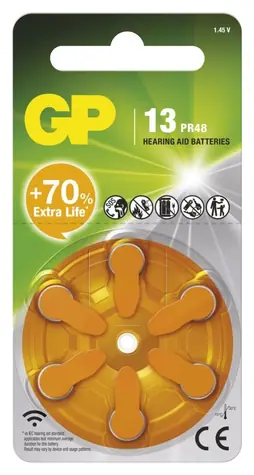 GP ZA13 (7000ZD, PR48) 6 ks / Baterie do naslouchadel / 1,45V / 290 mAh / ZnAir