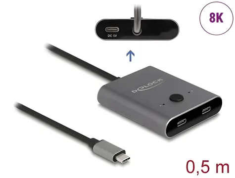 Delock USB-C Switch 2:1 šedá / Přepínač / bidirekcionální / 10 Gbps / 8K 144Hz / PD 100W
