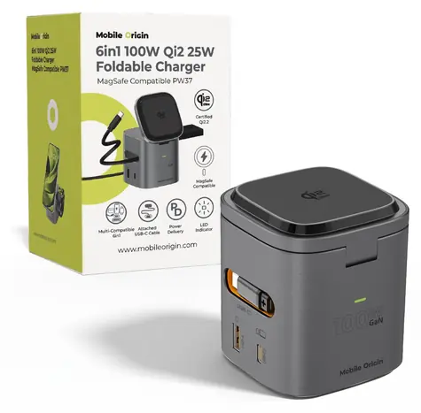 Mobile Origin PW37 6v1 Skládací nabíječka 100W Qi2 25W vesmírně šedá / Bezdrátová nabíječka / MagSafe Compatible / GaN