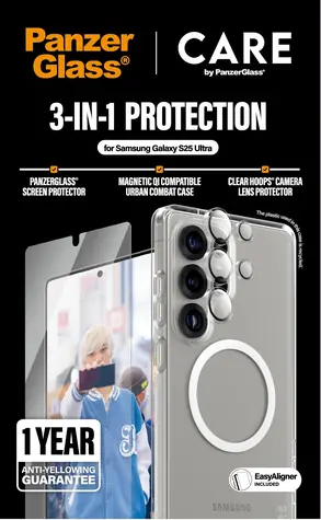 PanzerGlass CARE / Ochranné příslušenství 3v1 / Samsung Galaxy S25 Ultra / tvrzené sklo / plně nalepovací / průhledné