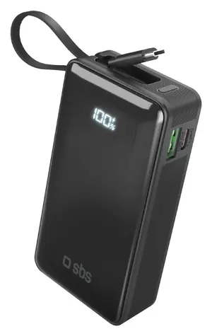 SBS 10000 mAh černá / Powerbank / 20 W / Power Delivery / LCD / integrovaný kabel / 2x USB-C/USB-A