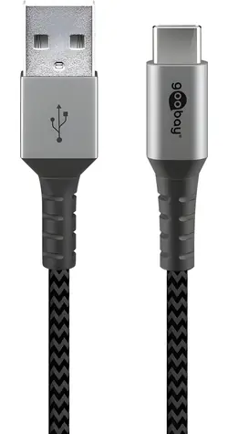 Goobay 49296 šedá/stříbrná / Datový kabel / USB-C - USB-A / textilní opletení / kovové konektory / 1 m