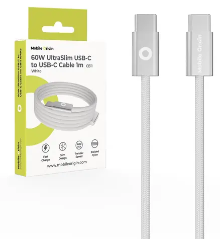 Mobile Origin CB11 UltraSlim bílá / Datový kabel / USB-C na USB-C / 60 W / 1 m