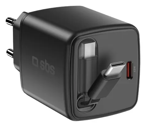 SBS 65W PD / Cestovní adaptér / USB-C / vestavěný kabel / černá