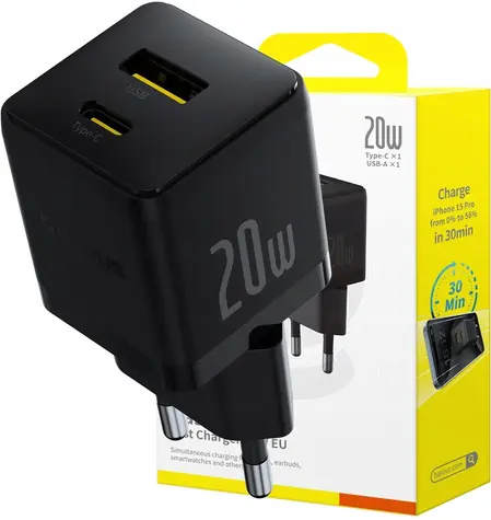 Baseus Palm 20W Duální USB rychlonabíječka černá / 1xUSB-A / 1xUSB-C / PD3.0 / QC3.0 / kabel USB-C 1 m