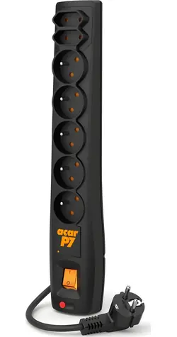 Acar P7 černá / Přepěťová ochrana / 7 zásuvek / 3 m přívodní kabel