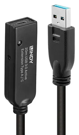 Lindy USB 3.0 aktivní prodlužka Typ A 20 m černá / Prodlužovací kabel USB / USB 3.2 Gen 1 / 5 Gbit/s