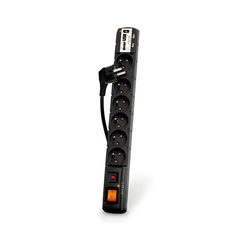 Acar USB panel s přepěťovou ochranou černý / Prodlužovací panel / 6 zásuvek / 2x USB / 3m / 2300W