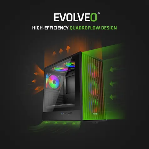 EVOLVEO Panthera černá / PC skříň / mATX / ARGB / 6x ventilátor 120mm / bez zdroje / dřevěný panel