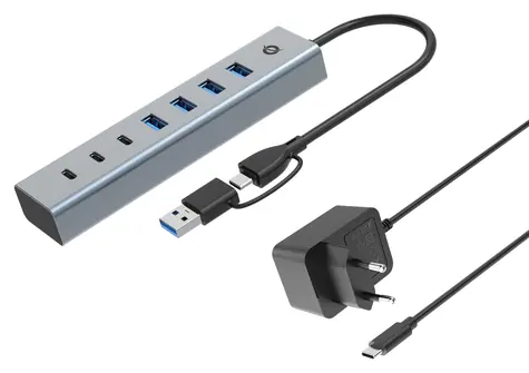 Conceptronic USB hub 7 portů šedá / USB hub / 4x USB-A 3.0 + 3x USB-C / 5 Gbit/s / napájecí adaptér