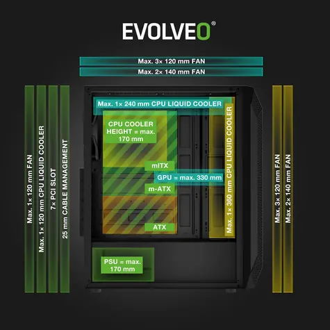 EVOLVEO Xenon černá / PC skříň / Midi Tower / ATX/mATX/Mini ITX / 4x ARGB / temperované sklo