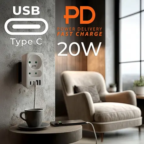 Maclean MCE249 bílá / Rozbočovač zásuvky s USB / 2x zásuvka / 2x USB-A / 2x USB-C PD 20W