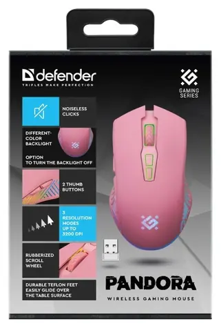 Defender Pandora růžová / Bezdrátová optická myš / 3200 DPI / 7 tlačítek / USB přijímač