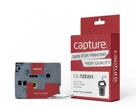 Capture páska do štítků 12mm černá na bílé / Páska do tiskárny štítků / 8 m / kompatibilní Brother P-Touch