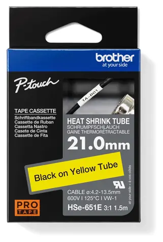 Brother HSE-651E žlutá / Smrštitelná bužírka / černý tisk / šířka 21 mm / 1,5 m / smrštitelnost 3:1