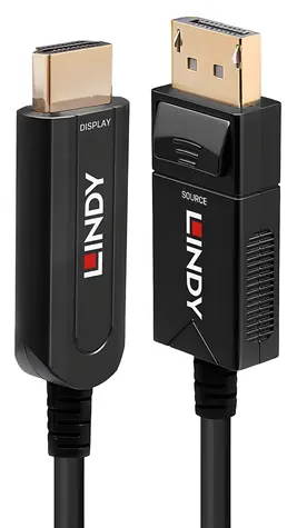 Lindy černá / DisplayPort/HDMI kabel / Optický hybrid / 10 m / 4K UHD