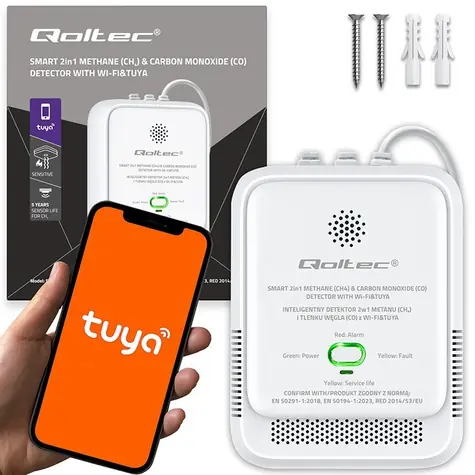 Qoltec 52654 / Detektor úniku plynu a CO / Wi-Fi / Tuya / 85dB alarm / LED