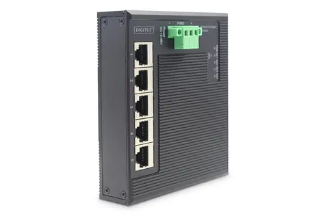 Digitus průmyslový plochý switch 5x Gigabit černá / Switch / Unmanaged / DIN lišta / IP40