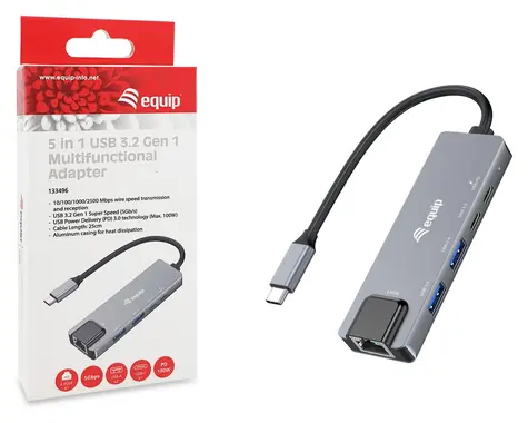 Equip USB-C multiport adaptér šedý / USB-C adaptér / RJ-45 2,5 Gbit/s / 2x USB-A 3.2 / USB-C PD 100 W / 0,25 m