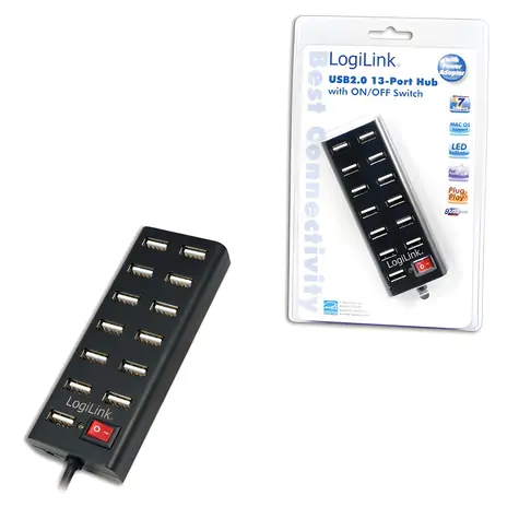 LogiLink černá / USB hub / 13x USB-A 2.0 / 480 Mb/s / napájecí adaptér