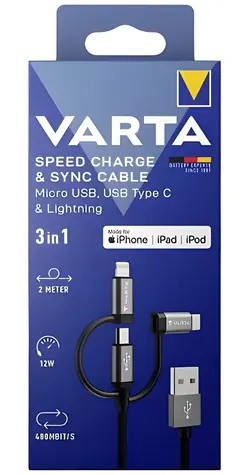 Varta Nabíjecí kabel 3v1 černá / Nabíjecí kabel / USB-A na USB-C, Micro-USB, Lightning / 2 m